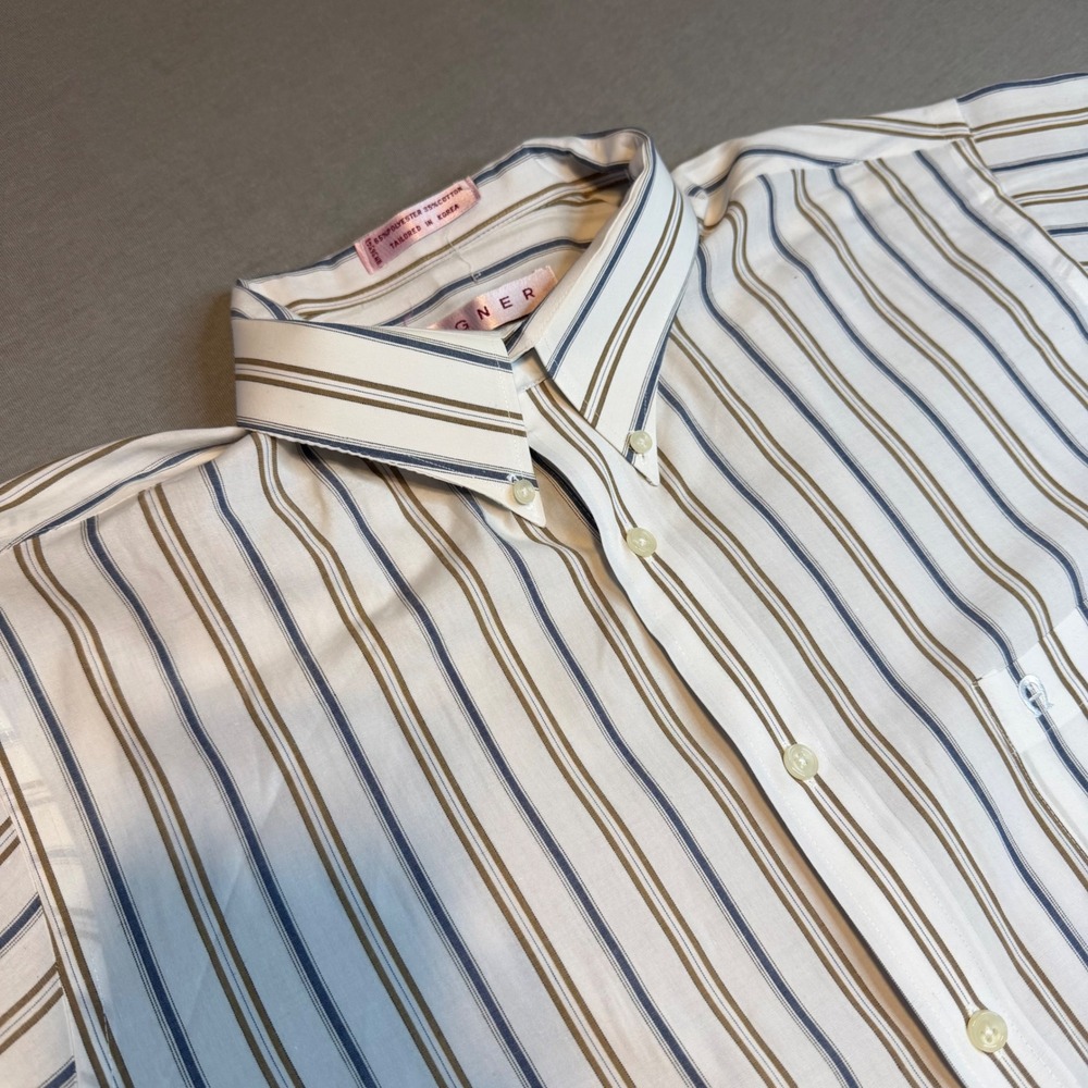 Etienne Aigner Mens Striped Short Sleeve Button Down Shirt White Blue Tan 16.5